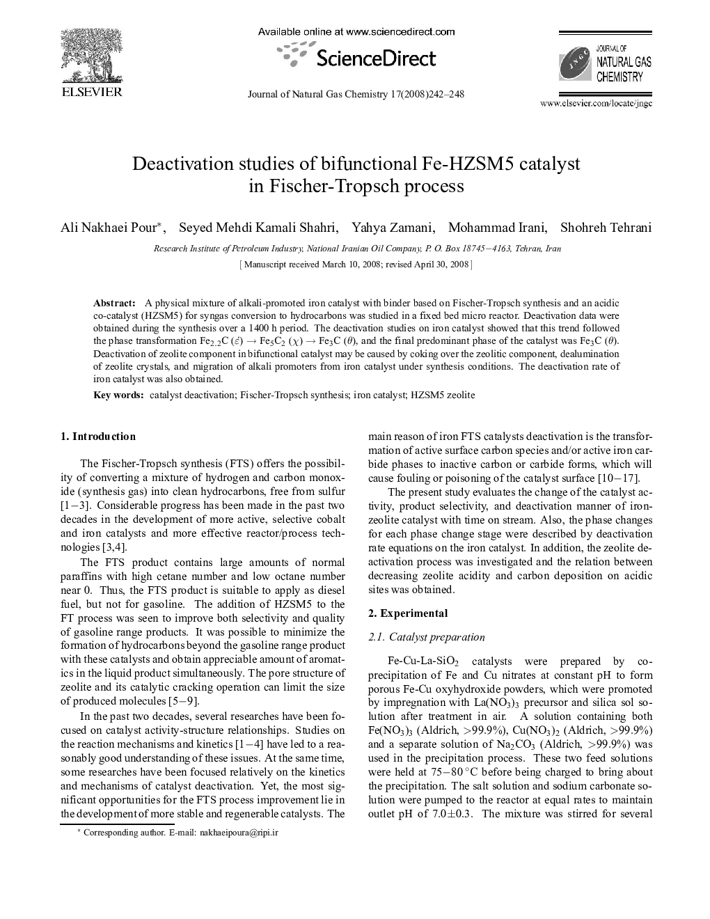 Deactivation studies of bifunctional Fe-HZSM5 catalyst in Fischer-Tropsch process