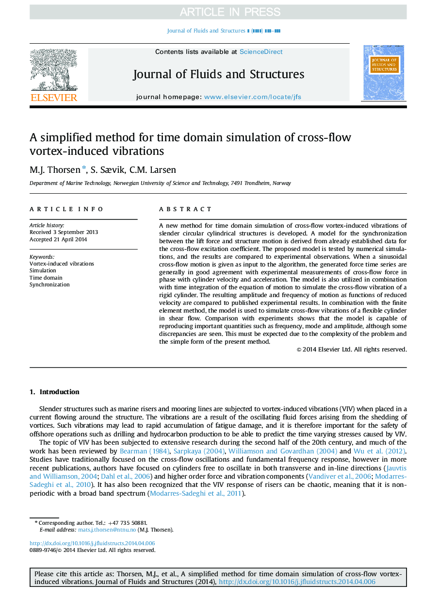 عکس صفحه اول مقاله: A simplified method for time domain simulation of cross-flow vortex-induced vibrations A simplified method for time domain simulation of cross-flow vortex-induced vibrations