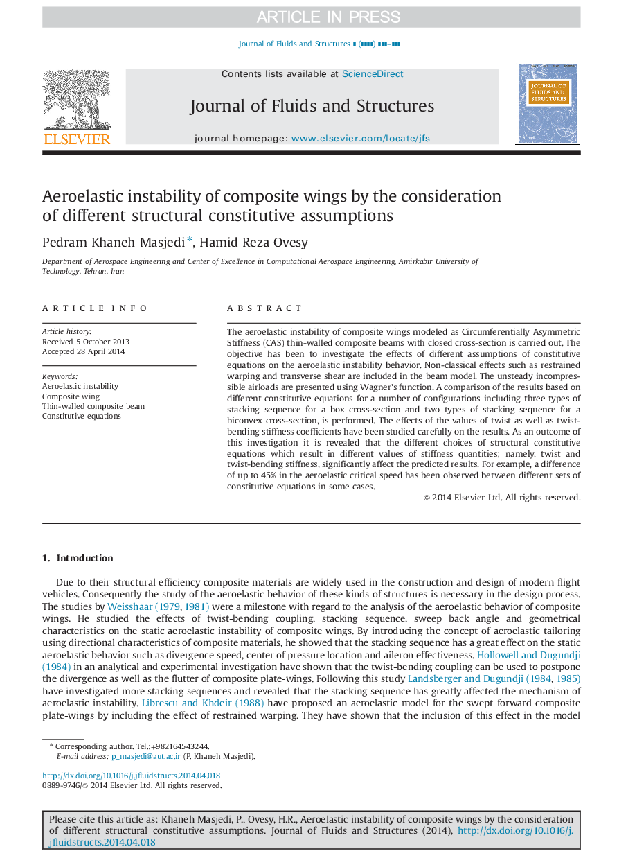 Aeroelastic instability of composite wings by the consideration of different structural constitutive assumptions