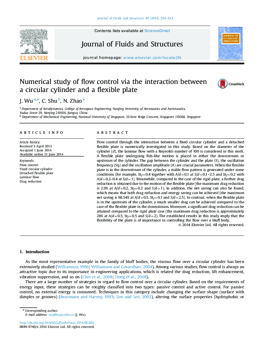 Numerical study of flow control via the interaction between a circular cylinder and a flexible plate