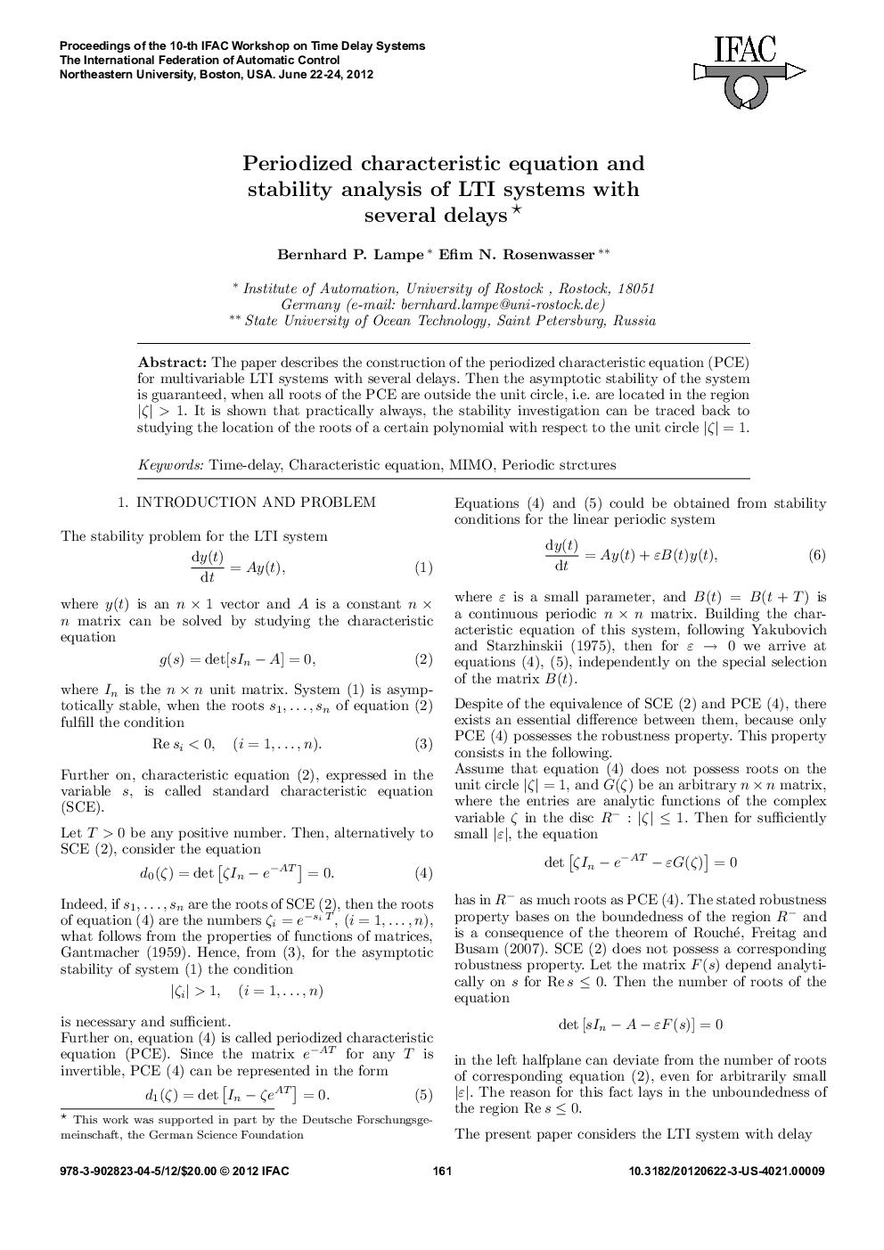 عکس صفحه اول مقاله: Periodized characteristic equation and stability analysis of LTI systems with several delays* Periodized characteristic equation and stability analysis of LTI systems with several delays*