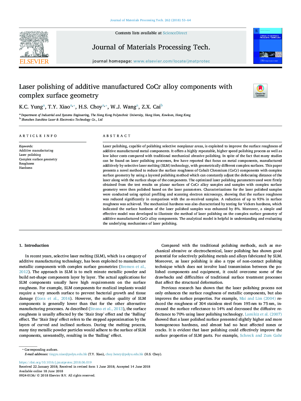 Laser polishing of additive manufactured CoCr alloy components with complex surface geometry