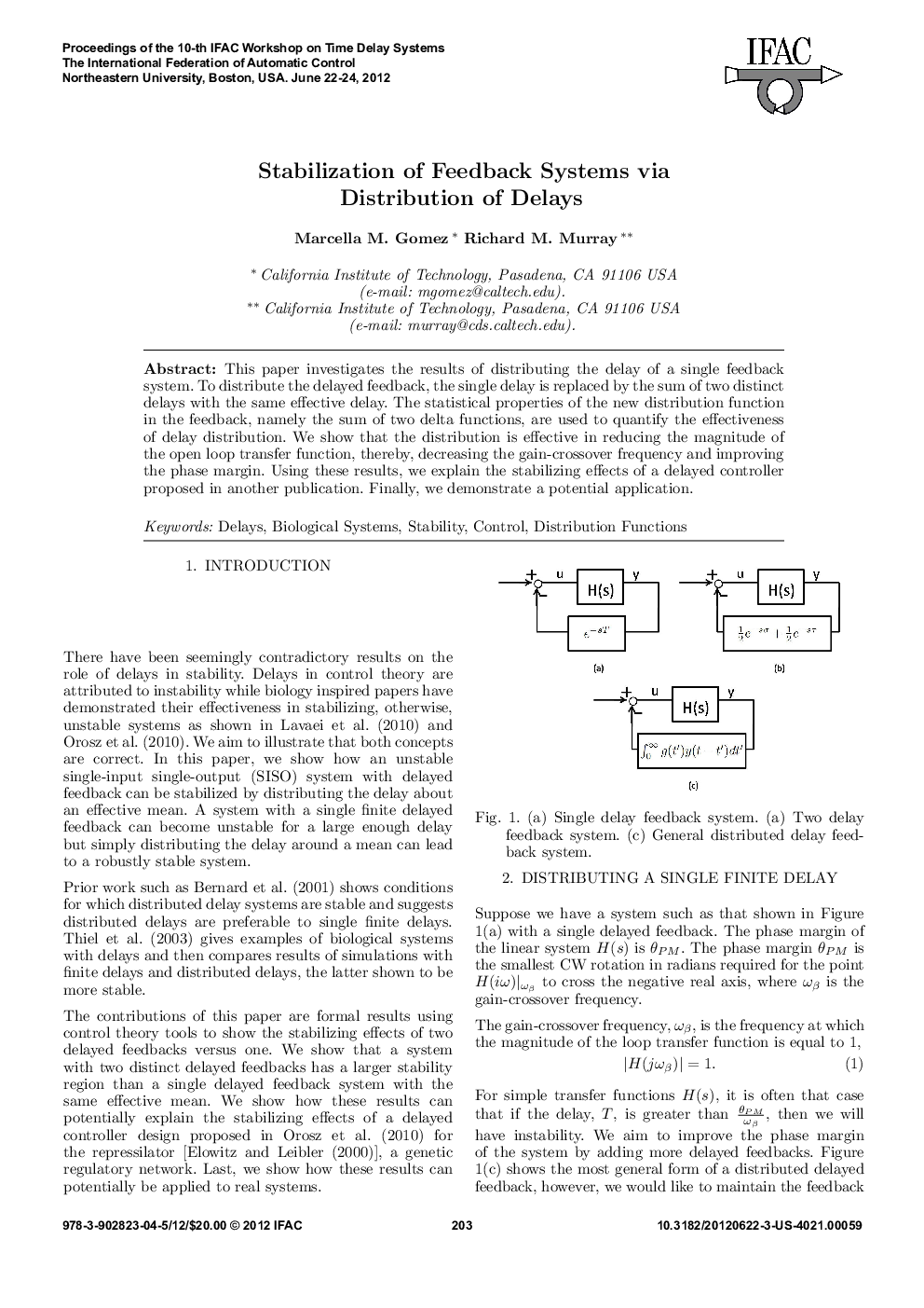 عکس صفحه اول مقاله: Stabilization of Feedback Systems via Distribution of Delays Stabilization of Feedback Systems via Distribution of Delays
