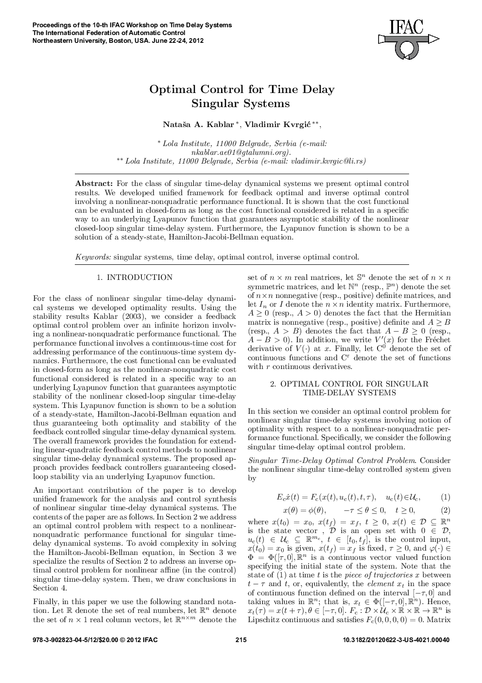 عکس صفحه اول مقاله: Optimal Control for Time Delay Singular Systems Optimal Control for Time Delay Singular Systems
