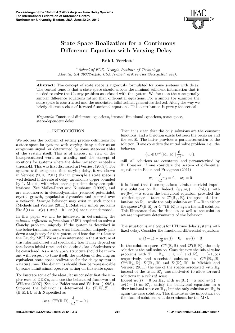 State Space Realization for a Continuous Difference Equation with Varying Delay