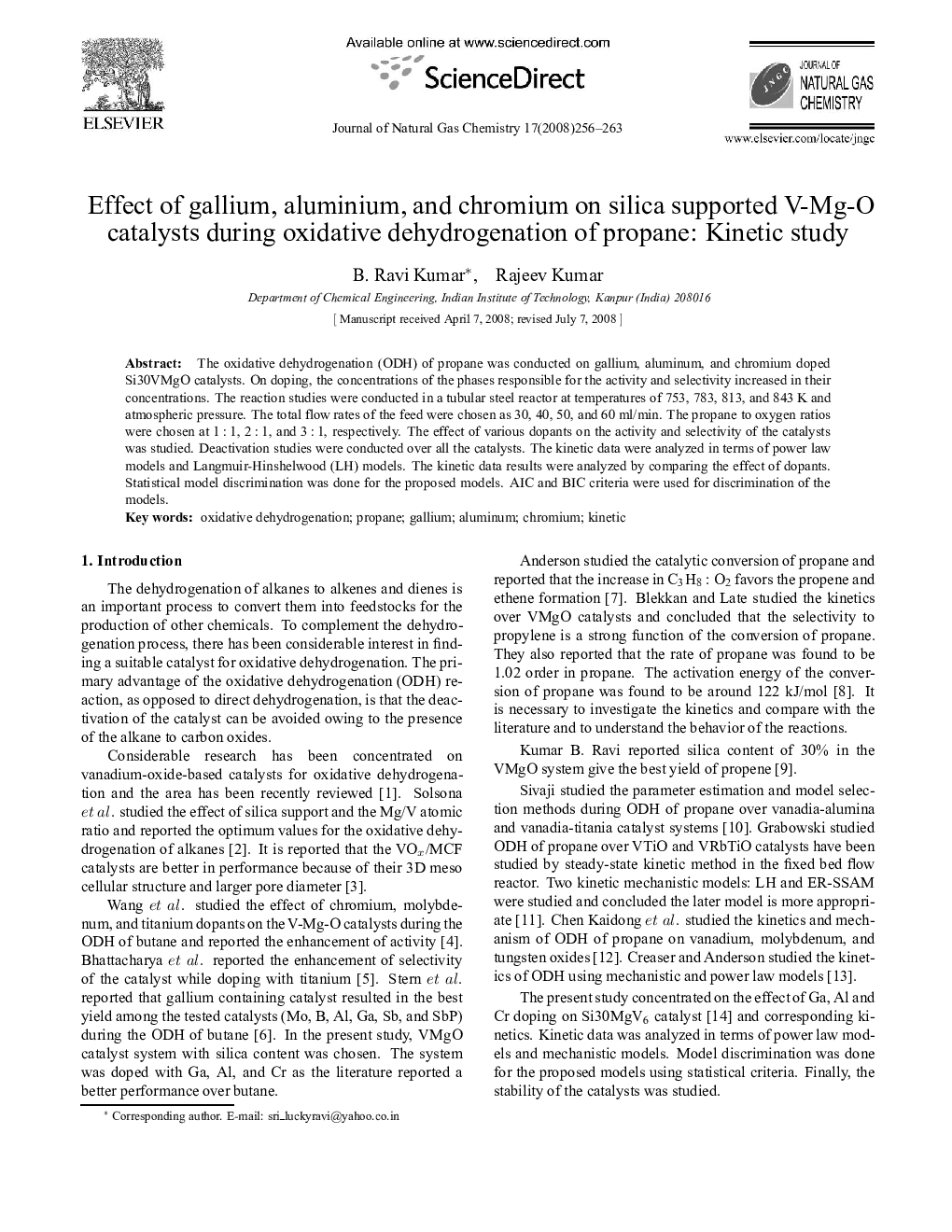 Effect of gallium, aluminium, and chromium on silica supported V-Mg-O catalysts during oxidative dehydrogenation of propane: Kinetic study