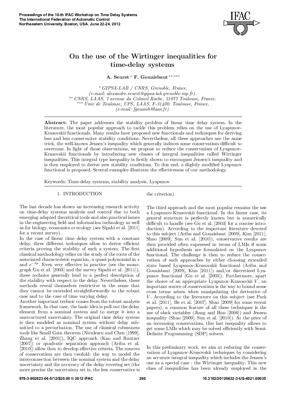 On the use of the Wirtinger inequalities for time-delay systems