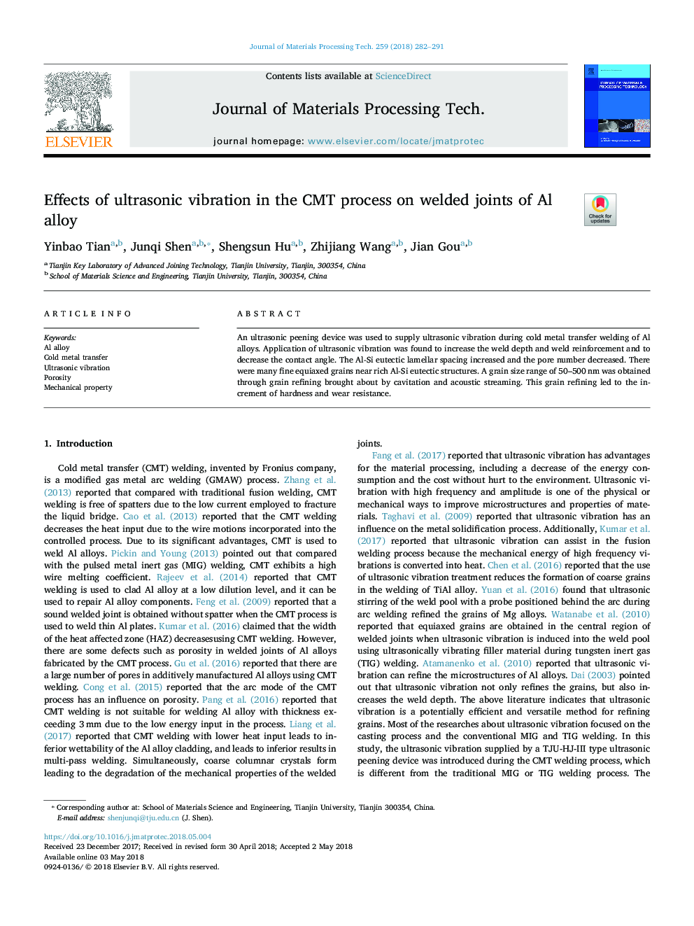 Effects of ultrasonic vibration in the CMT process on welded joints of Al alloy