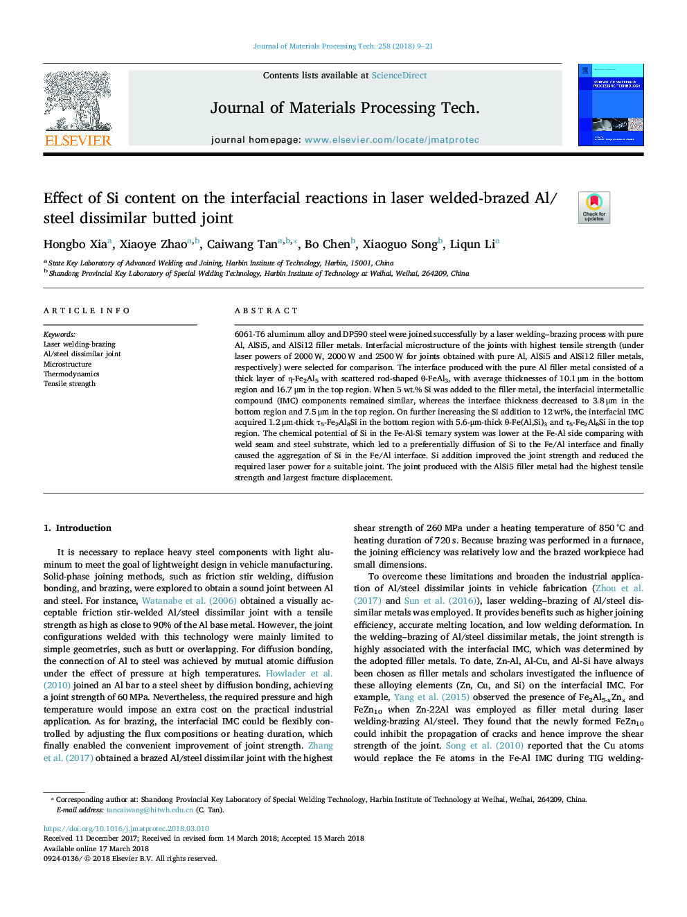 Effect of Si content on the interfacial reactions in laser welded-brazed Al/steel dissimilar butted joint