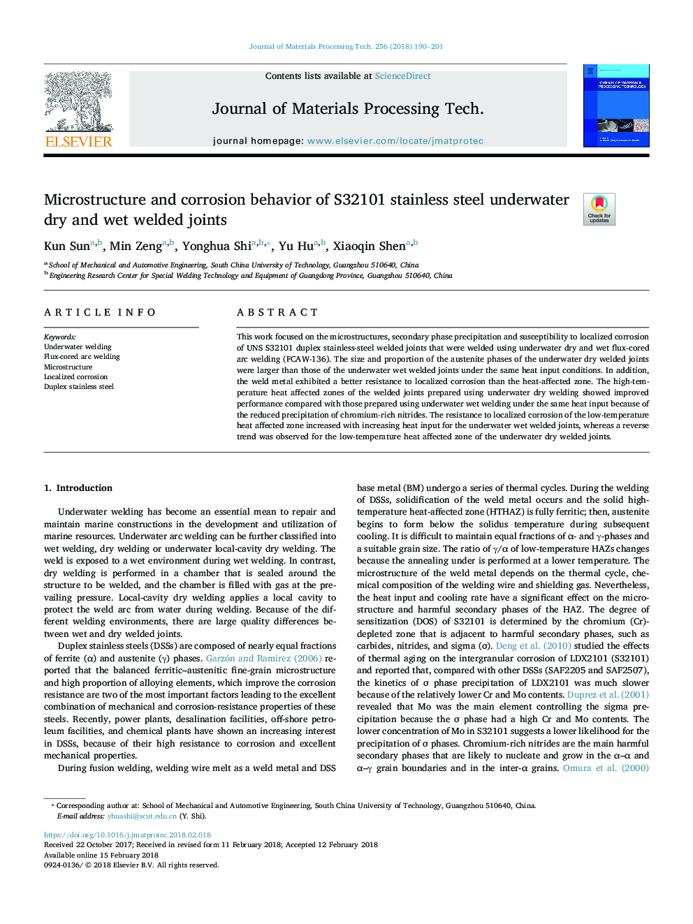 Microstructure and corrosion behavior of S32101 stainless steel underwater dry and wet welded joints