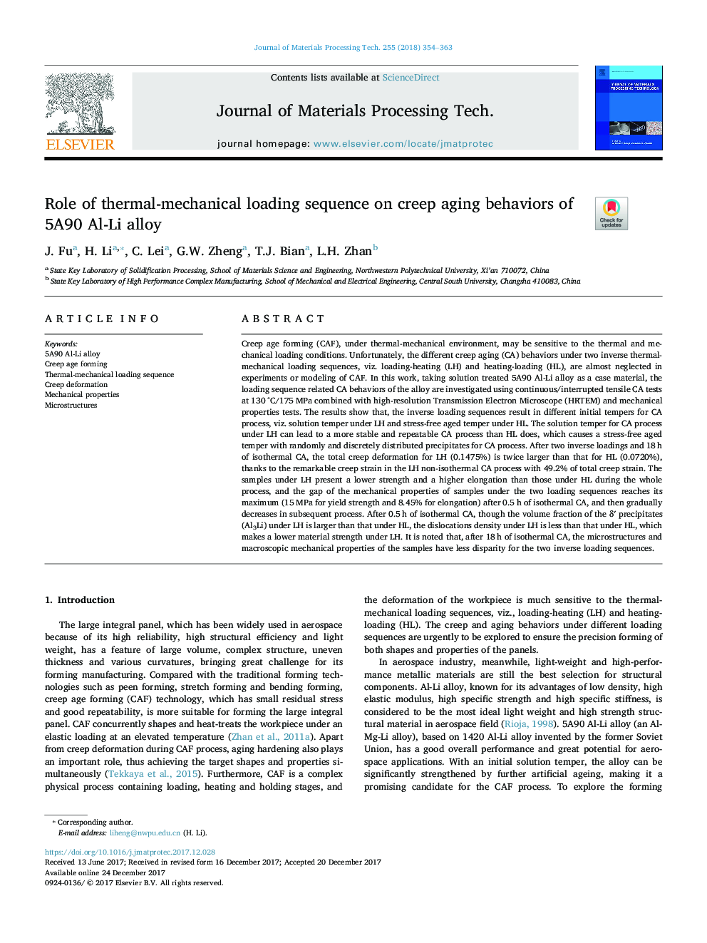 Role of thermal-mechanical loading sequence on creep aging behaviors of 5A90 Al-Li alloy