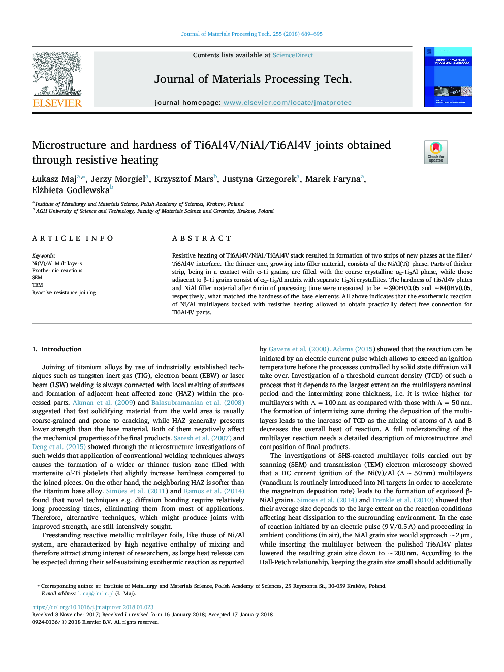 Microstructure and hardness of Ti6Al4V/NiAl/Ti6Al4V joints obtained through resistive heating