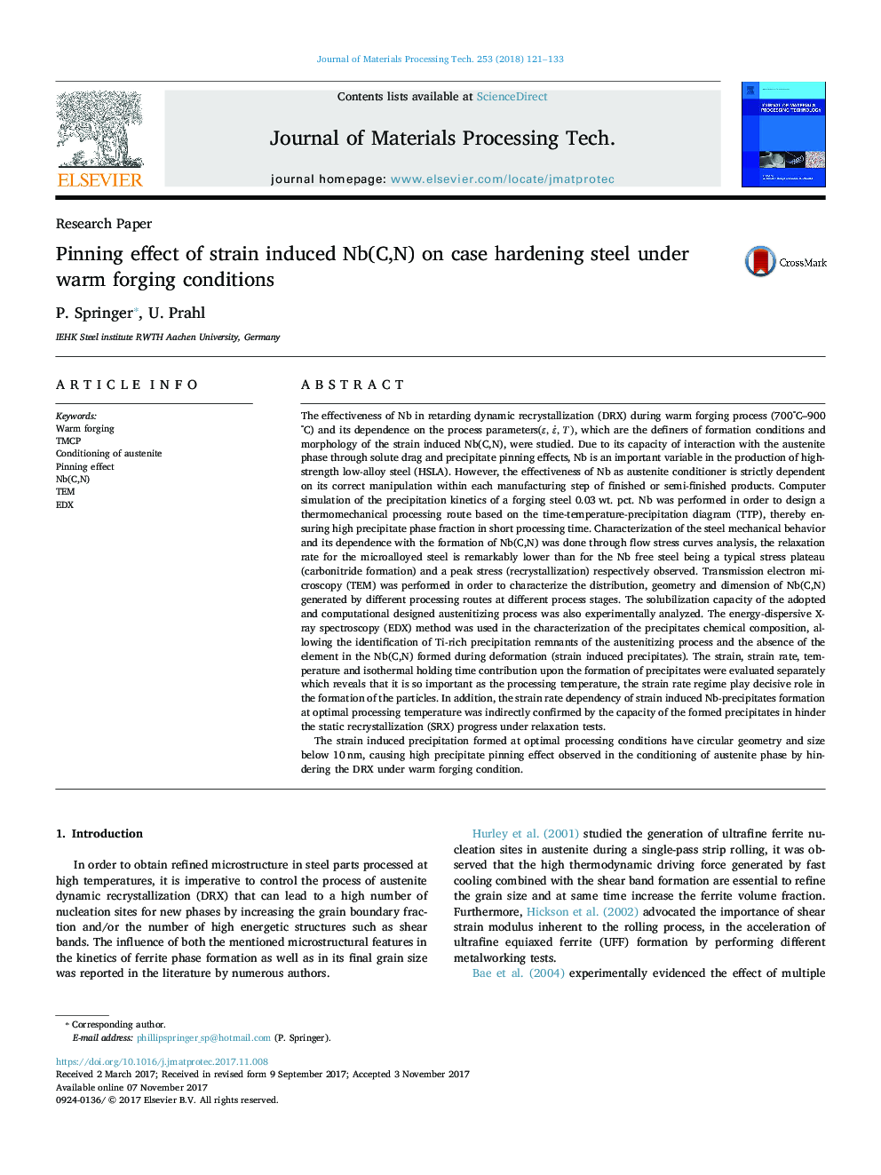 Pinning effect of strain induced Nb(C,N) on case hardening steel under warm forging conditions