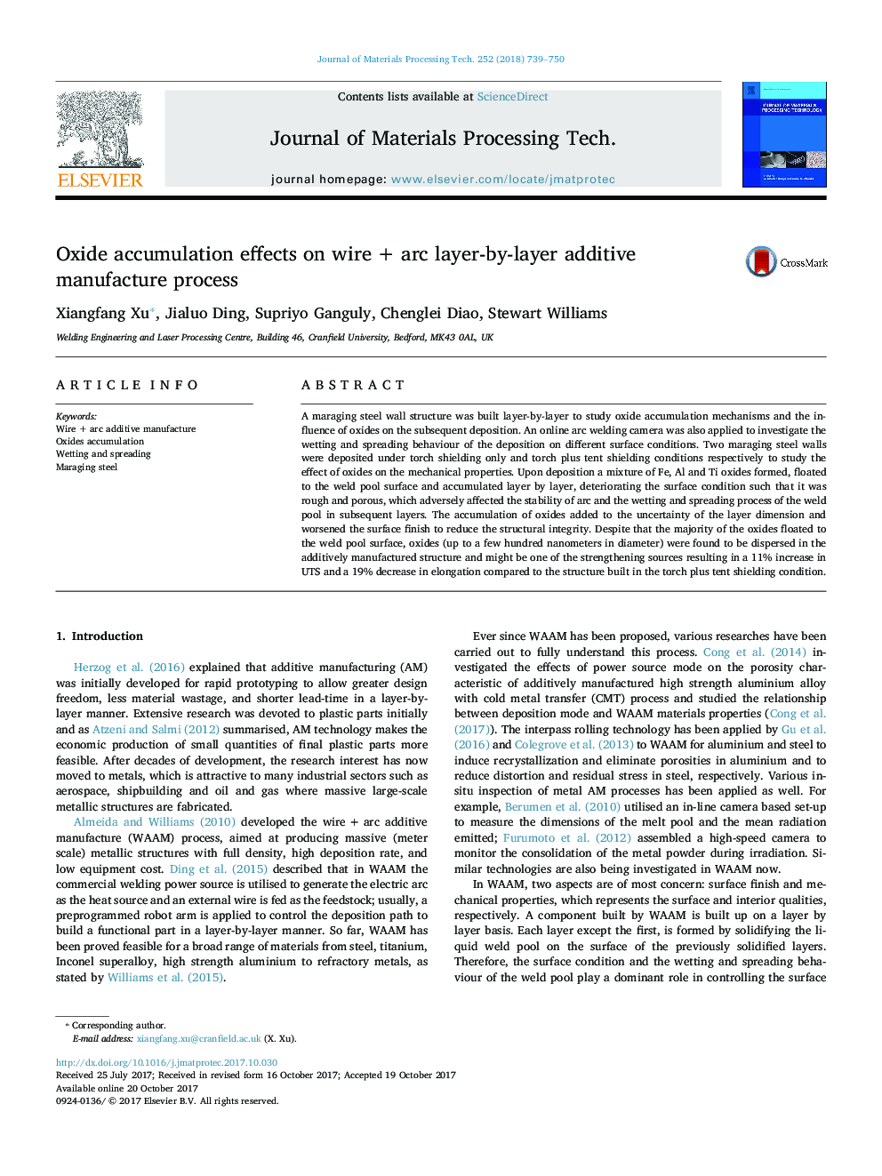 عکس صفحه اول مقاله: Oxide accumulation effects on wire + arc layer-by-layer additive manufacture process Oxide accumulation effects on wire + arc layer-by-layer additive manufacture process