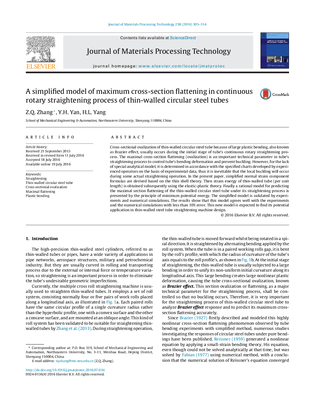 A simplified model of maximum cross-section flattening in continuous rotary straightening process of thin-walled circular steel tubes