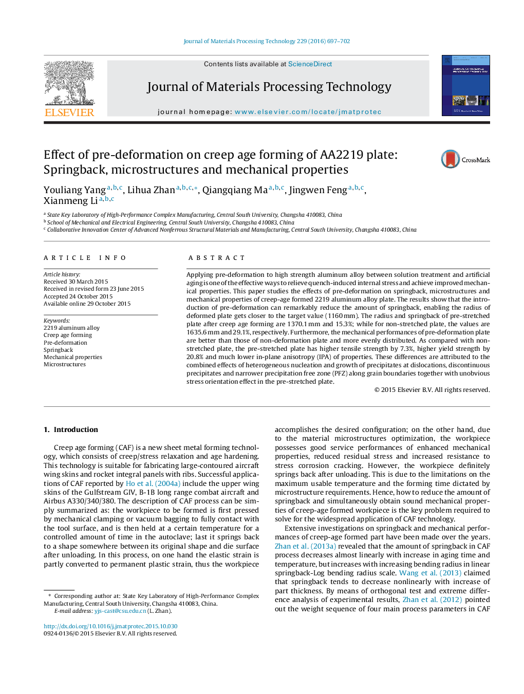 Effect of pre-deformation on creep age forming of AA2219 plate: Springback, microstructures and mechanical properties