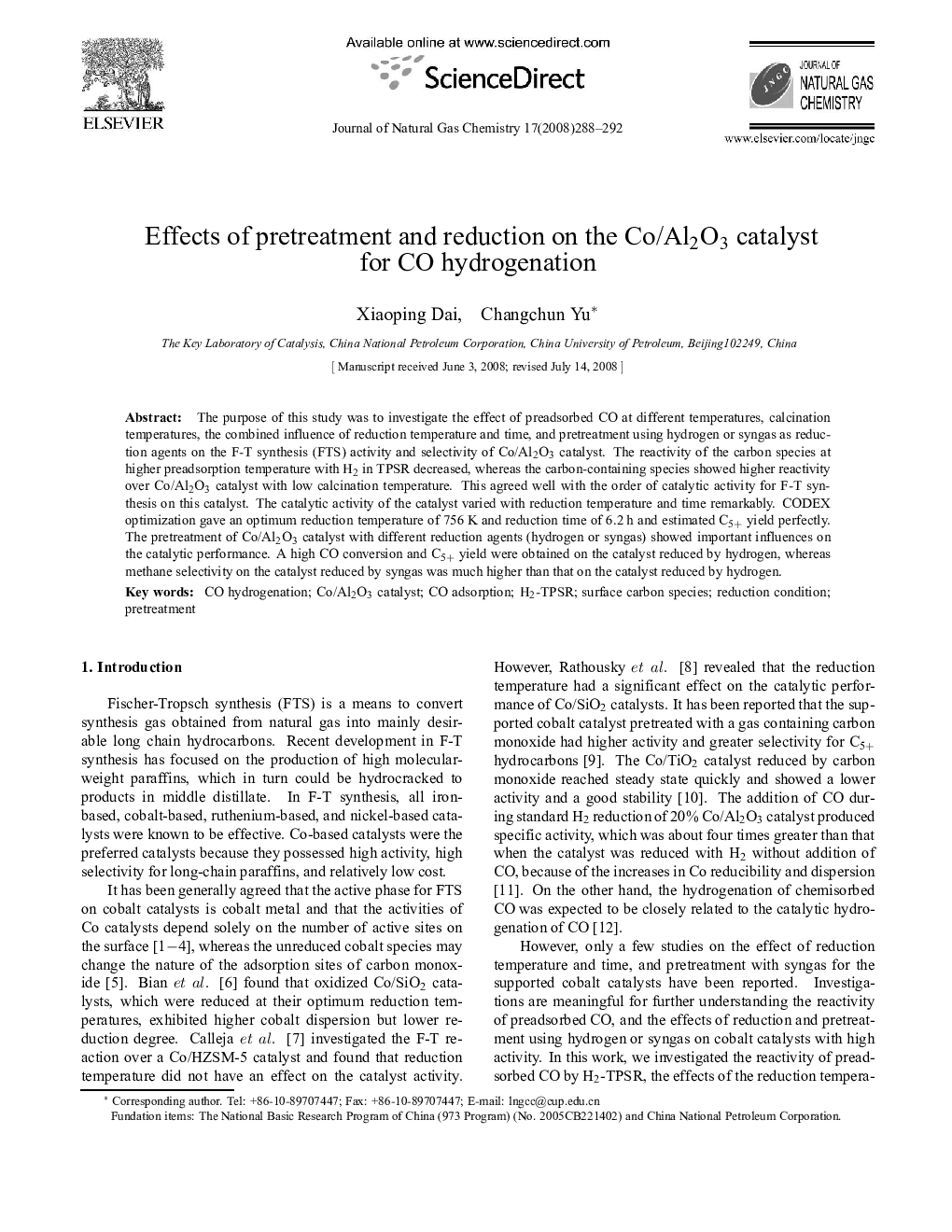 Effects of pretreatment and reduction on the Co/Al2O3 catalyst for CO hydrogenation 