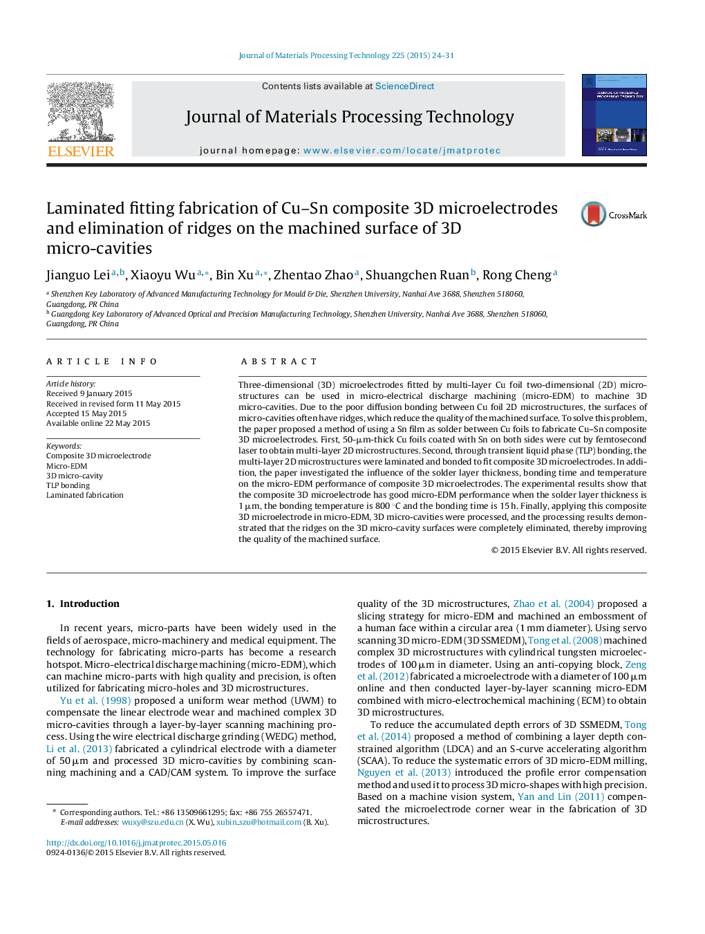 Laminated fitting fabrication of Cu-Sn composite 3D microelectrodes and elimination of ridges on the machined surface of 3D micro-cavities