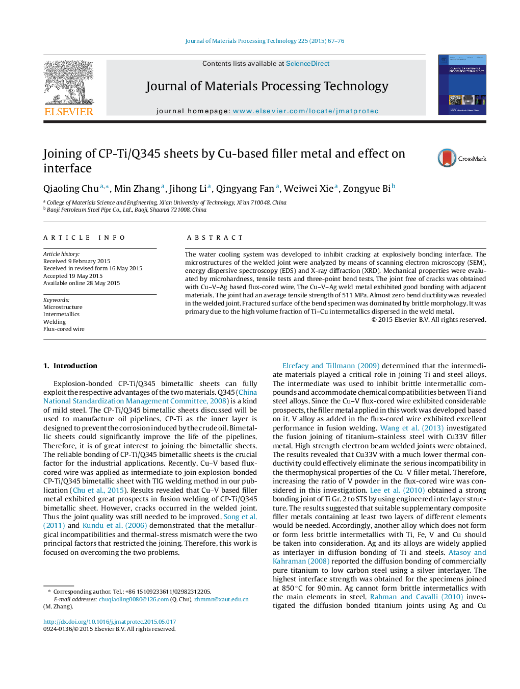 Joining of CP-Ti/Q345 sheets by Cu-based filler metal and effect on interface