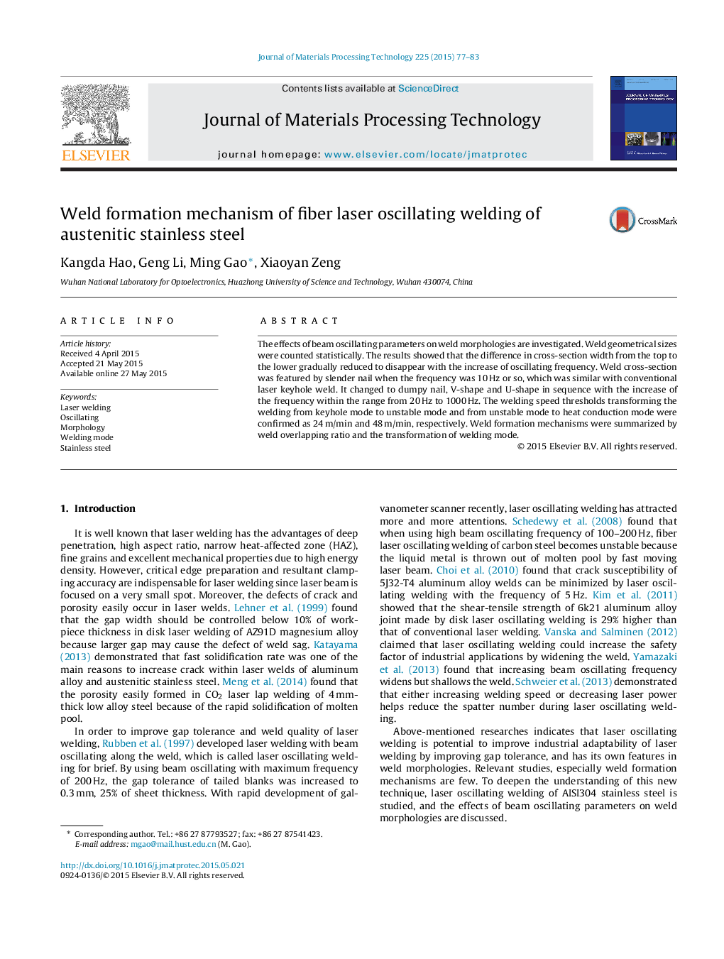 Weld formation mechanism of fiber laser oscillating welding of austenitic stainless steel