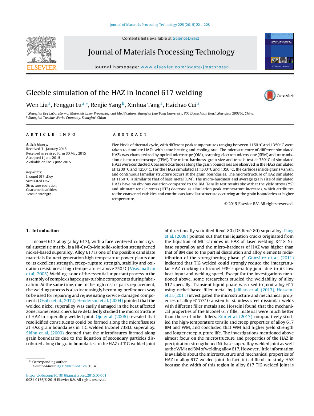 Gleeble simulation of the HAZ in Inconel 617 welding