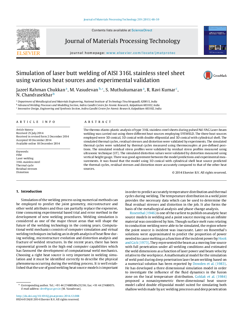 Simulation of laser butt welding of AISI 316L stainless steel sheet using various heat sources and experimental validation