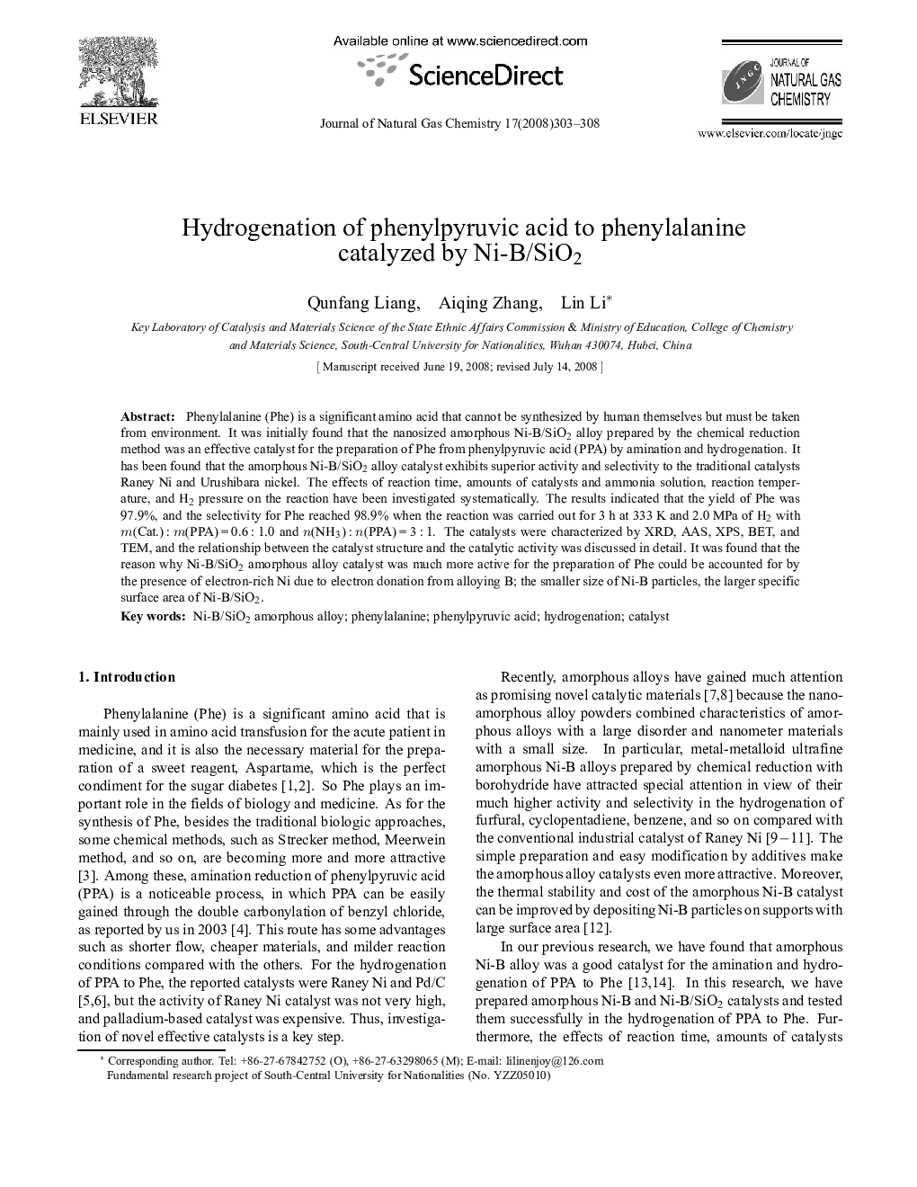 Hydrogenation of phenylpyruvic acid to phenylalanine catalyzed by Ni-B/SiO2