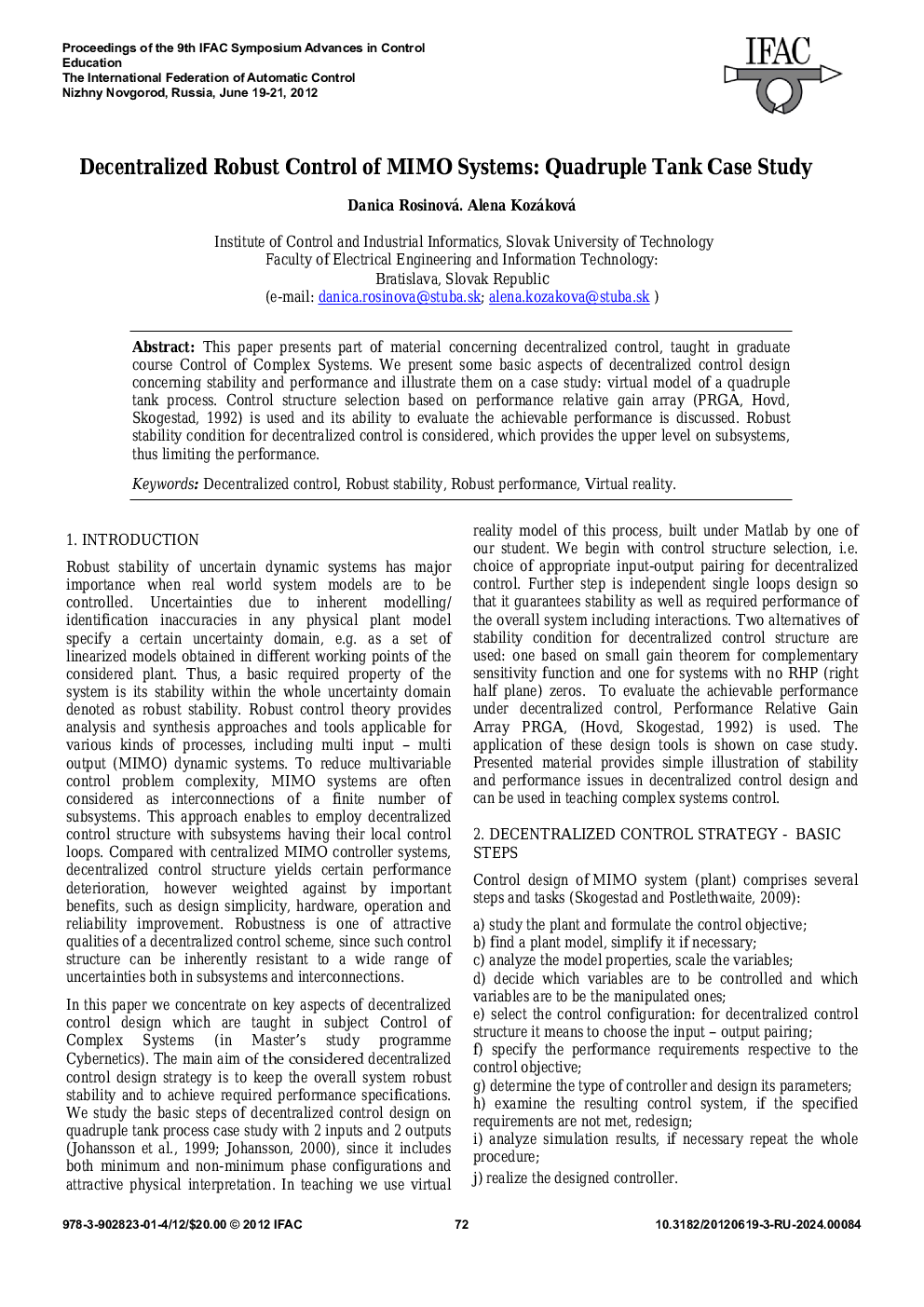 عکس صفحه اول مقاله: Decentralized Robust Control of MIMO Systems: Quadruple Tank Case Study Decentralized Robust Control of MIMO Systems: Quadruple Tank Case Study