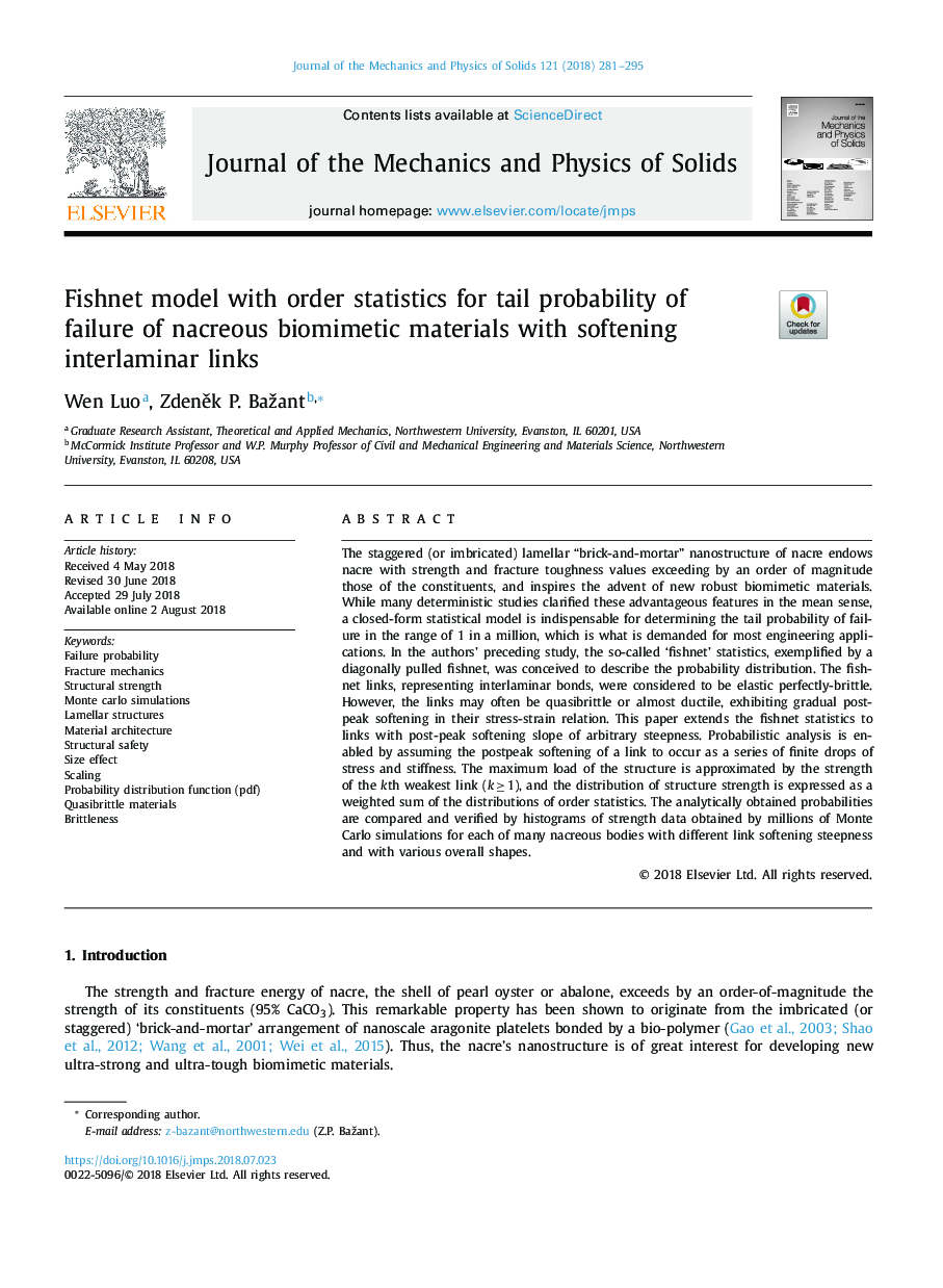 Fishnet model with order statistics for tail probability of failure of nacreous biomimetic materials with softening interlaminar links