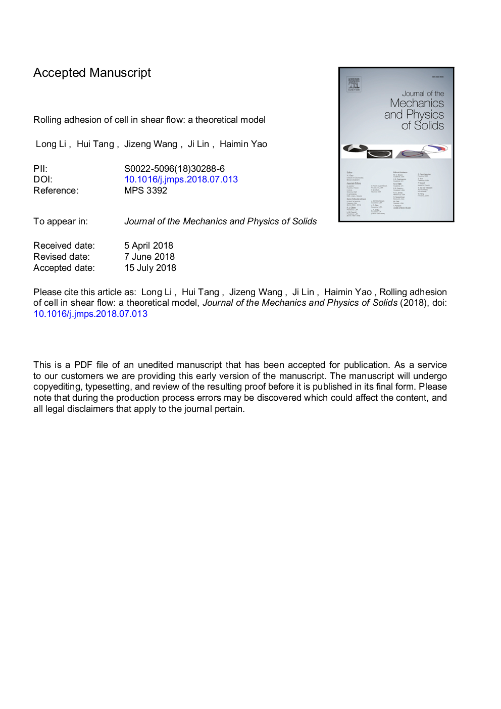 Rolling adhesion of cell in shear flow: A theoretical model