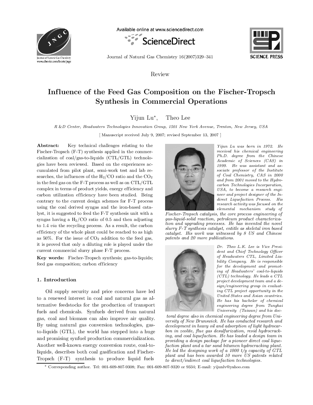 عکس صفحه اول مقاله: Influence of the Feed Gas Composition on the Fischer-Tropsch Synthesis in Commercial Operations Influence of the Feed Gas Composition on the Fischer-Tropsch Synthesis in Commercial Operations