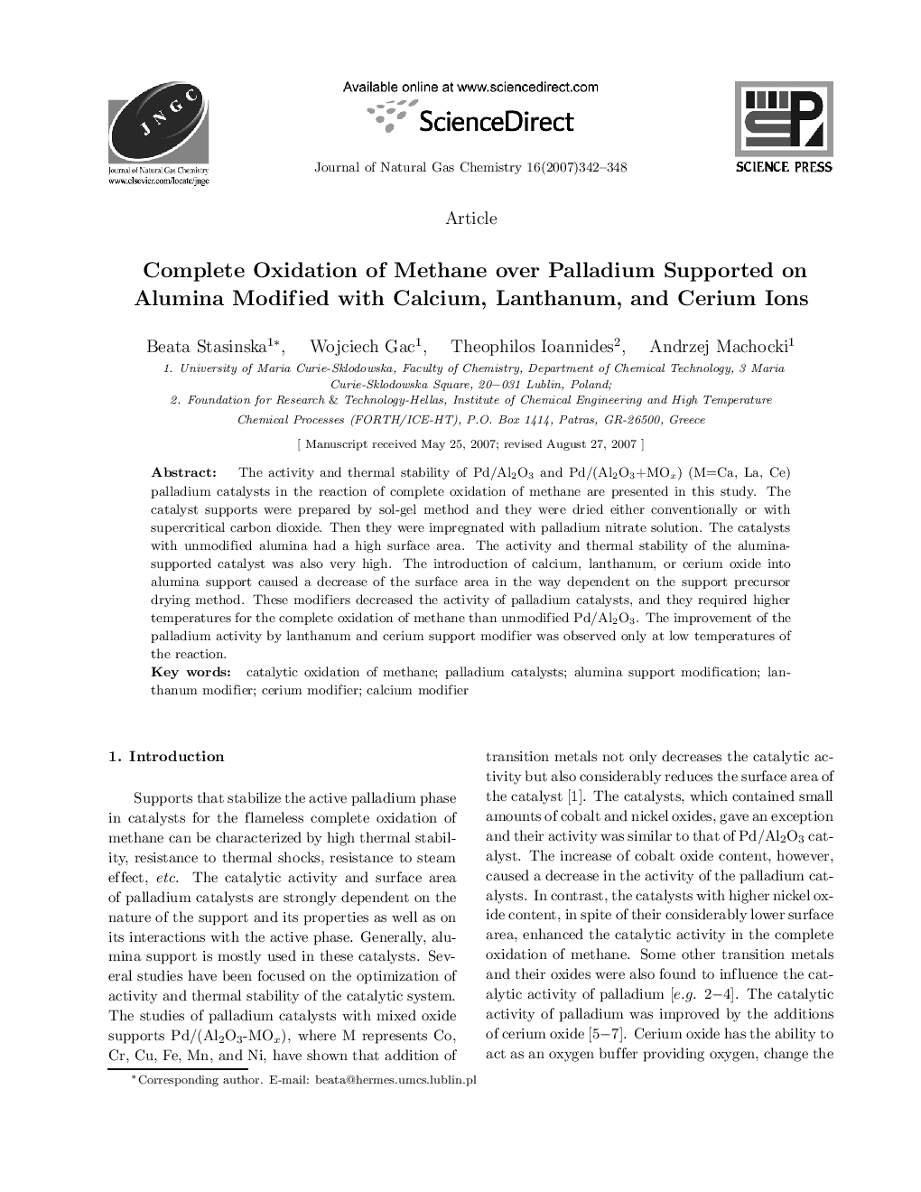 عکس صفحه اول مقاله: Complete Oxidation of Methane over Palladium Supported on Alumina Modified with Calcium, Lanthanum, and Cerium Ions Complete Oxidation of Methane over Palladium Supported on Alumina Modified with Calcium, Lanthanum, and Cerium Ions