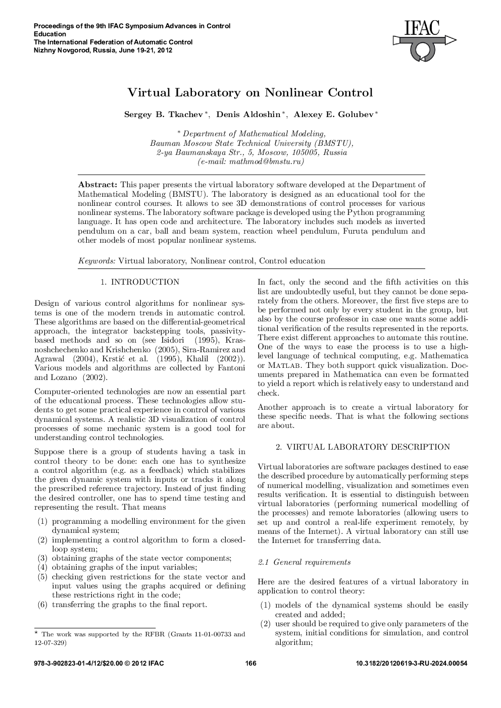 Virtual Laboratory on Nonlinear Control 