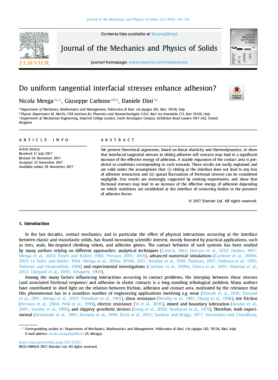 Do uniform tangential interfacial stresses enhance adhesion?