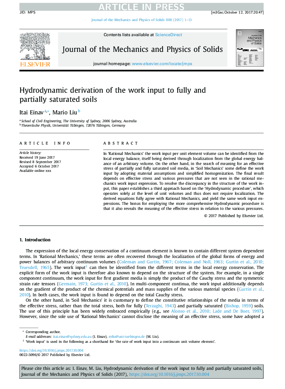Hydrodynamic derivation of the work input to fully and partially saturated soils