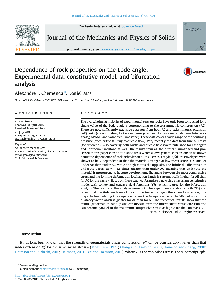 Dependence of rock properties on the Lode angle: Experimental data, constitutive model, and bifurcation analysis