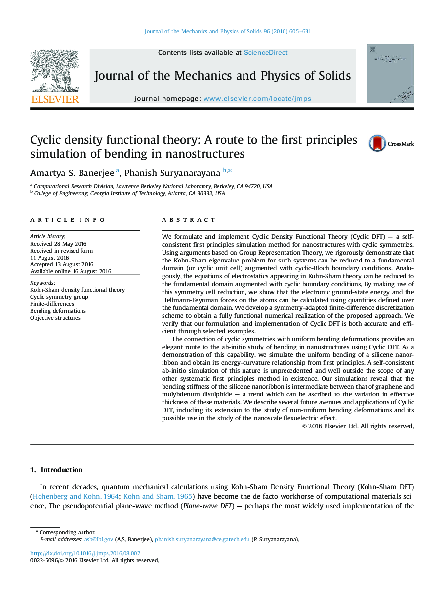 Cyclic density functional theory: A route to the first principles simulation of bending in nanostructures