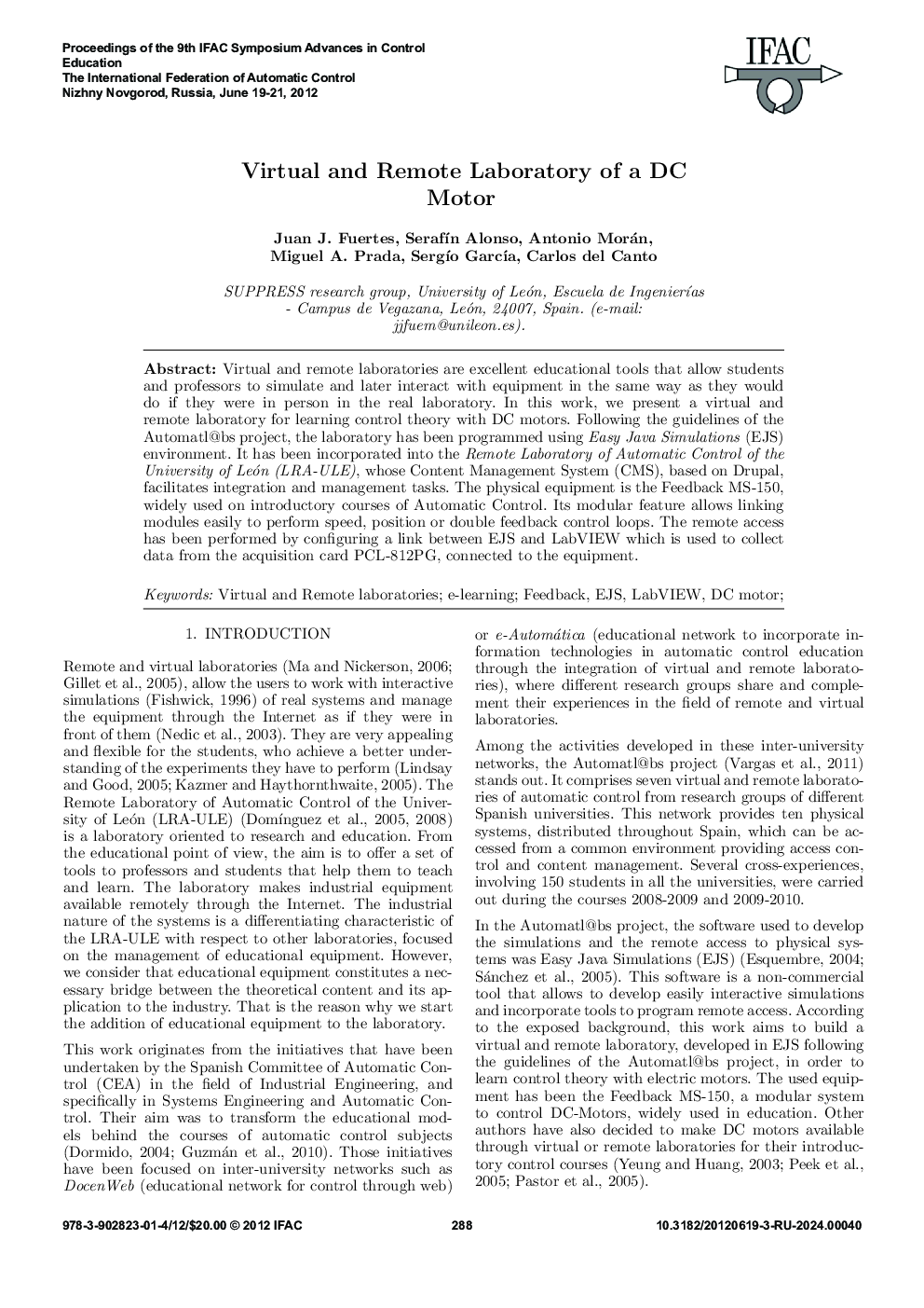 عکس صفحه اول مقاله: Virtual and Remote Laboratory of a DC Motor Virtual and Remote Laboratory of a DC Motor