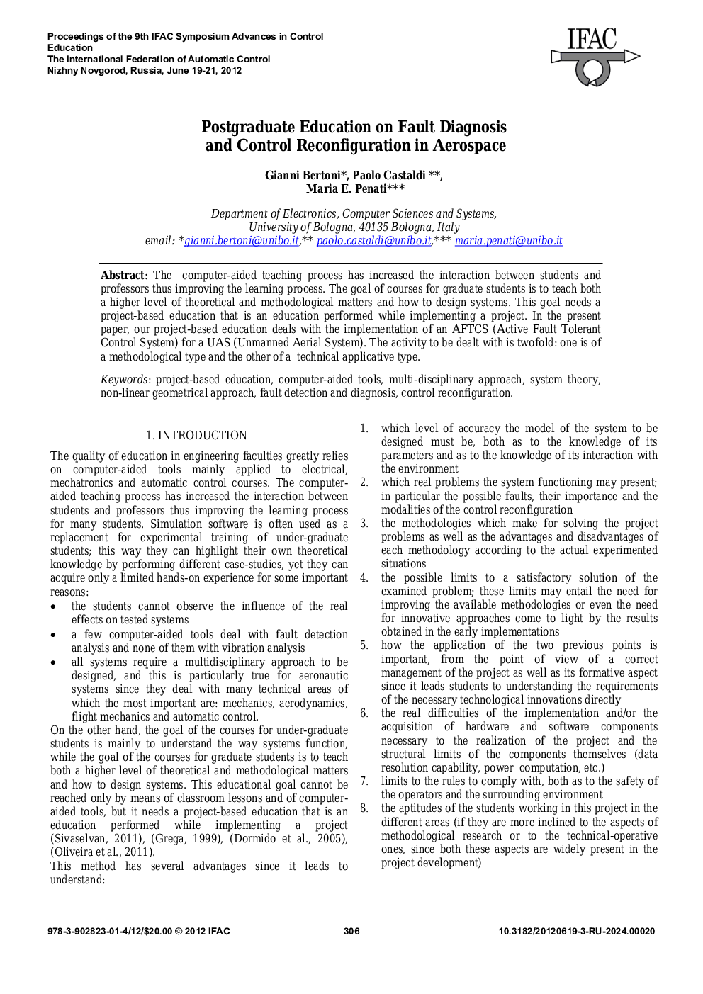 Postgraduate Education on Fault Diagnosis and Control Reconfiguration in Aerospace