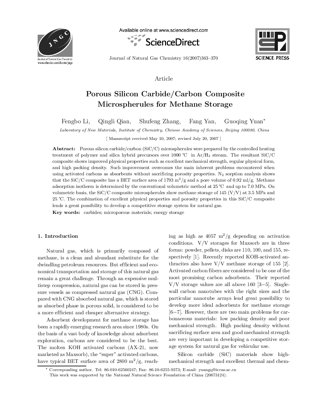عکس صفحه اول مقاله: Porous Silicon Carbide/Carbon Composite Microspherules for Methane Storage Porous Silicon Carbide/Carbon Composite Microspherules for Methane Storage
