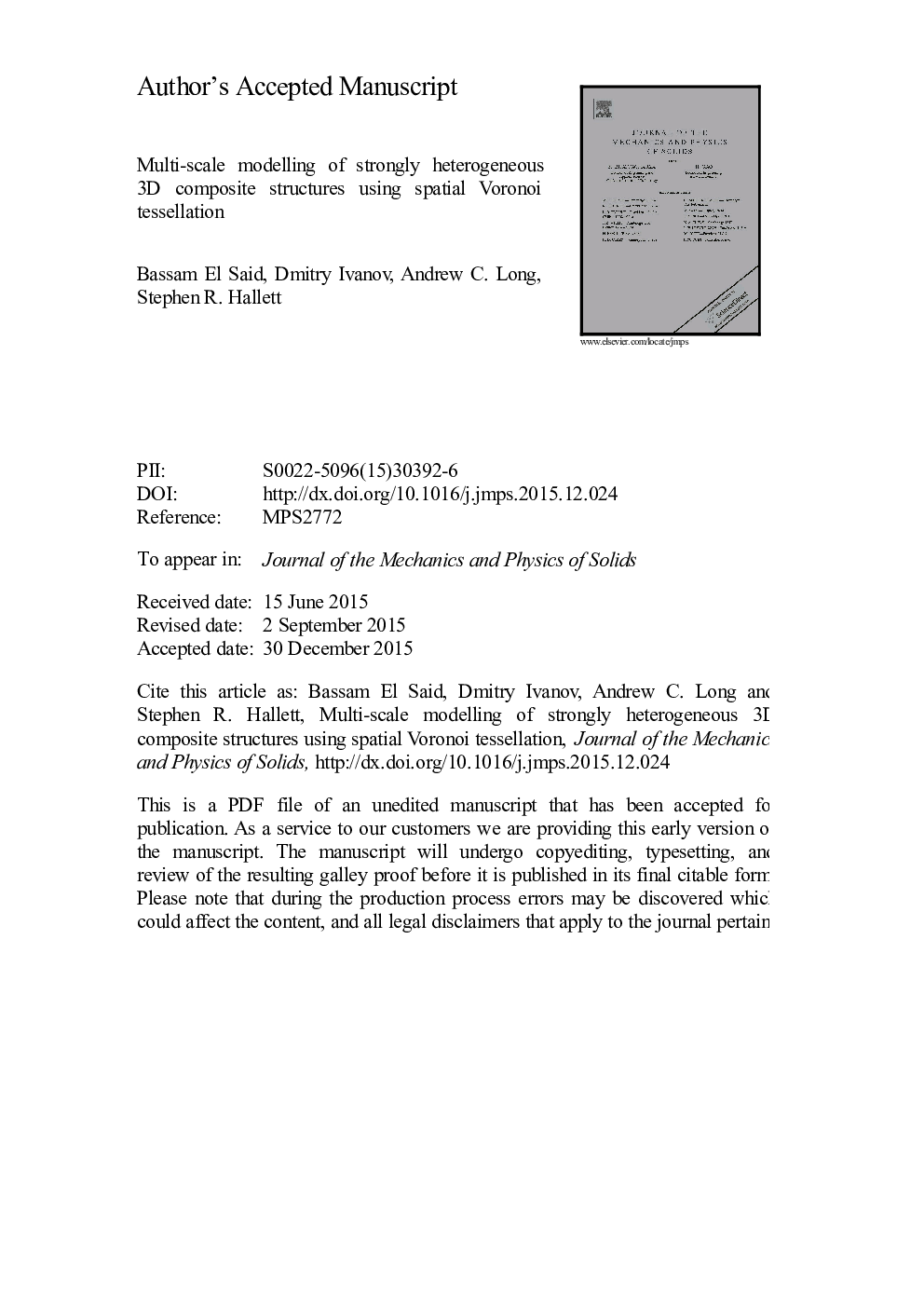 Multi-scale modelling of strongly heterogeneous 3D composite structures using spatial Voronoi tessellation