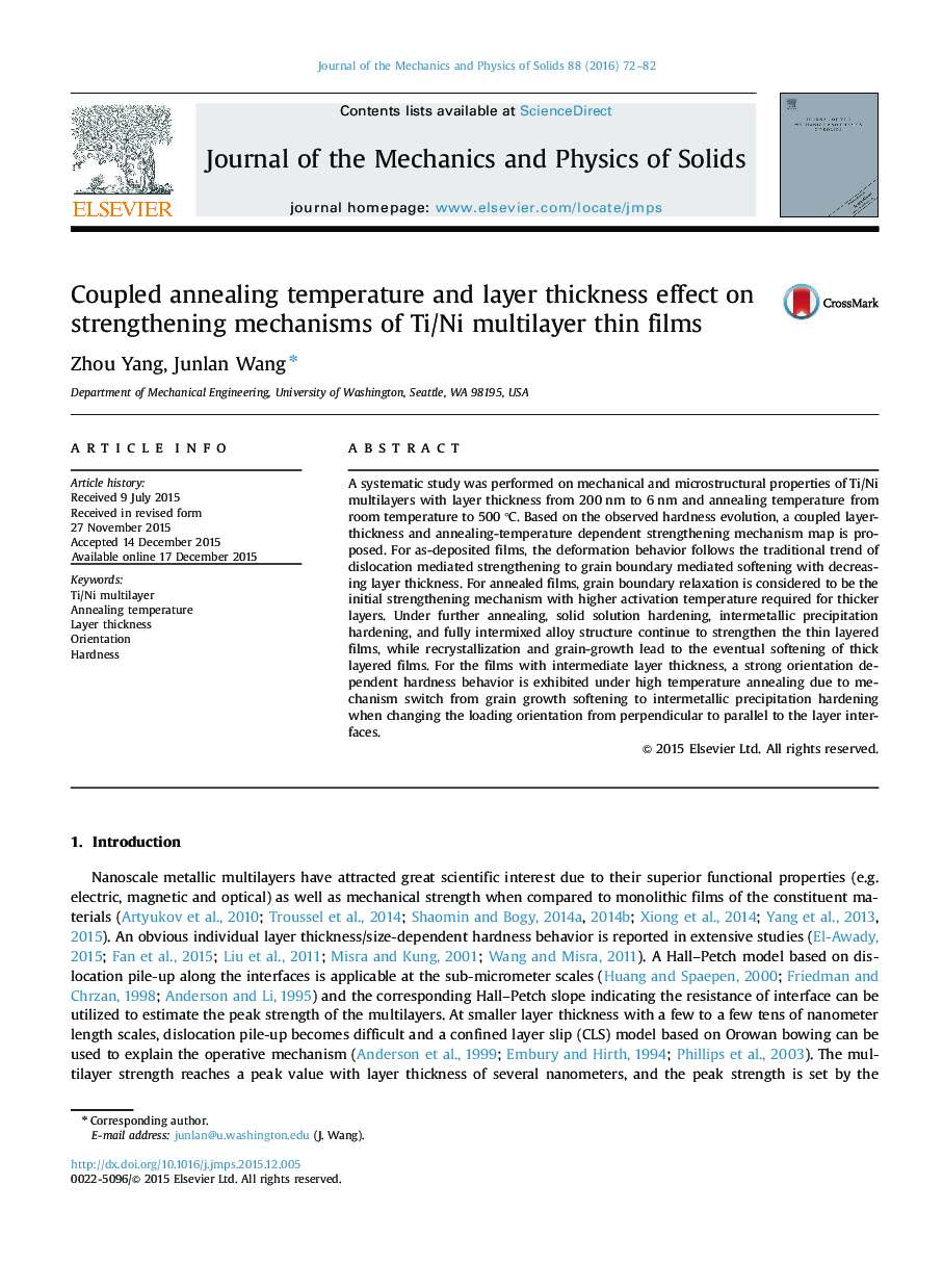 Coupled annealing temperature and layer thickness effect on strengthening mechanisms of Ti/Ni multilayer thin films