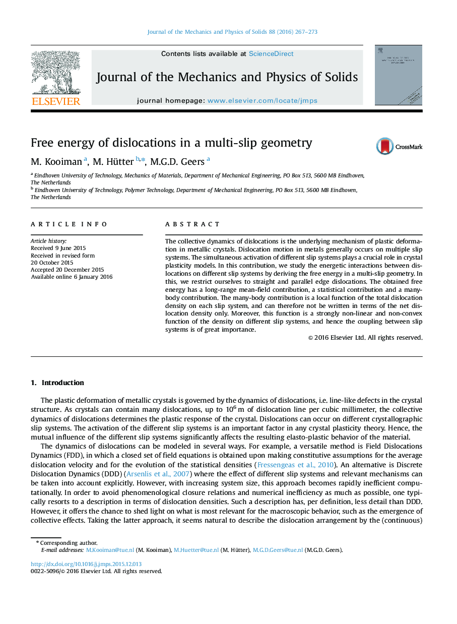 Free energy of dislocations in a multi-slip geometry