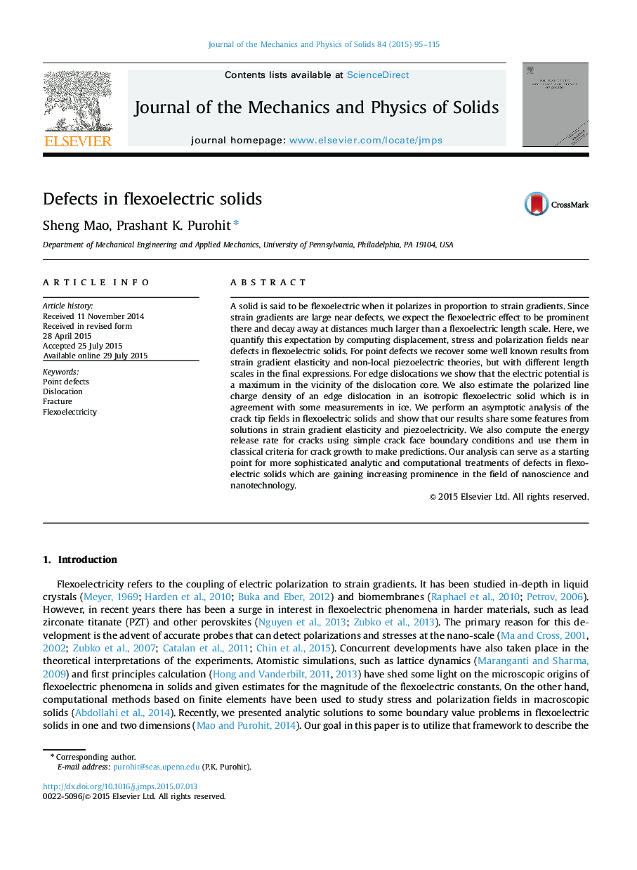 Defects in flexoelectric solids