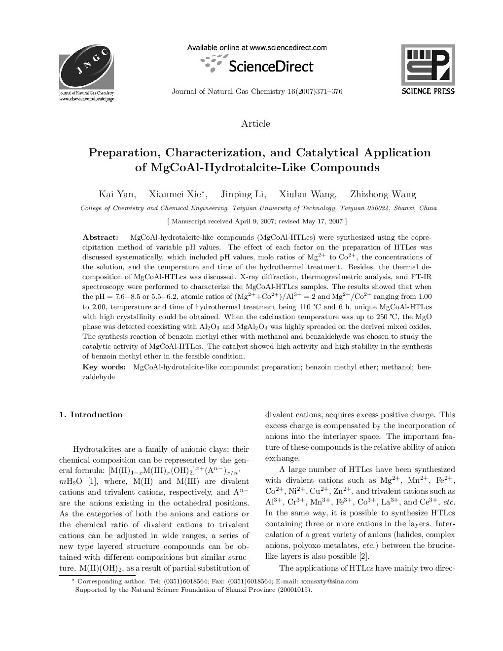 عکس صفحه اول مقاله: Preparation, Characterization, and Catalytical Application of MgCoAl-Hydrotalcite-Like Compounds Preparation, Characterization, and Catalytical Application of MgCoAl-Hydrotalcite-Like Compounds