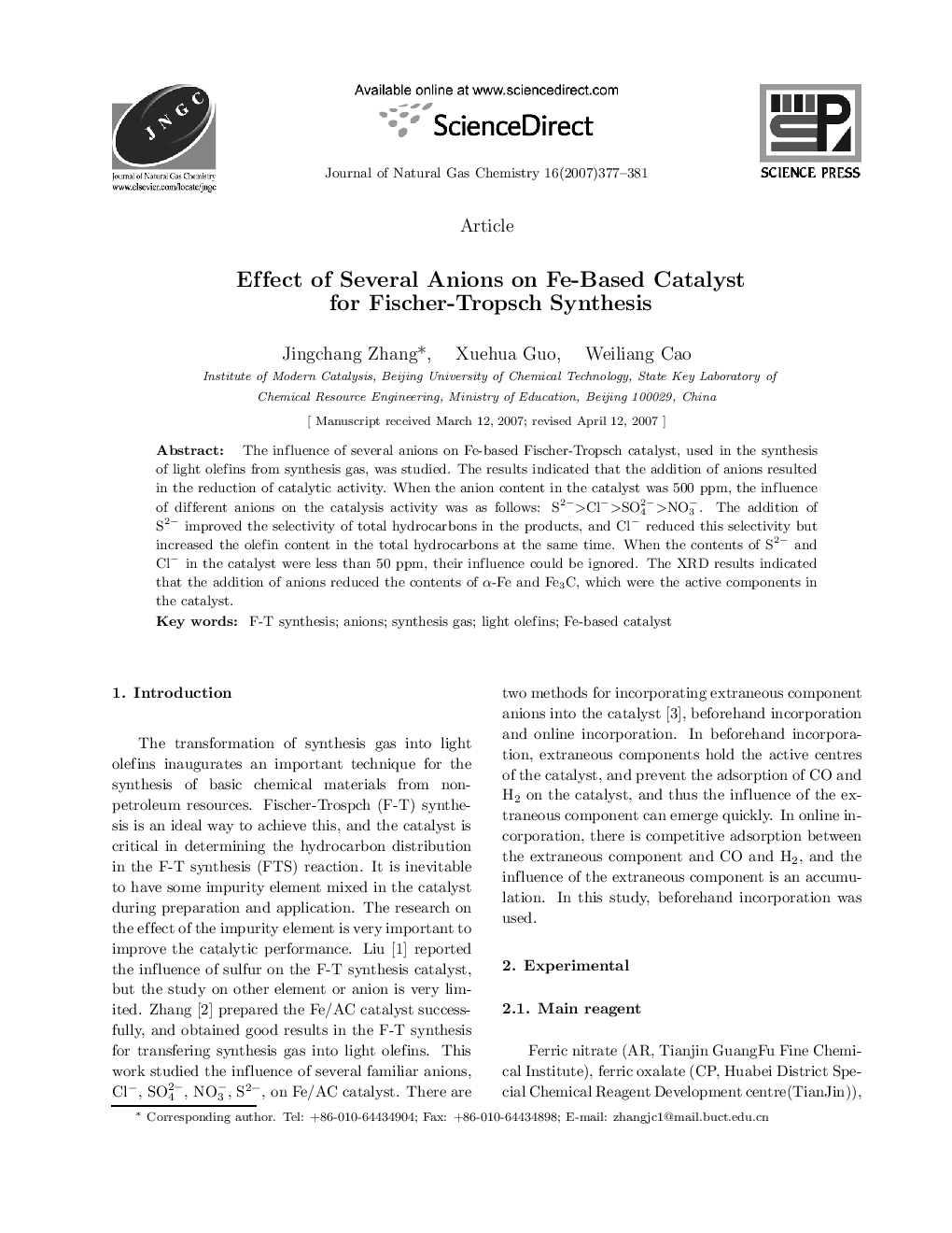 عکس صفحه اول مقاله: Effect of Several Anions on Fe-Based Catalyst for Fischer-Tropsch Synthesis Effect of Several Anions on Fe-Based Catalyst for Fischer-Tropsch Synthesis