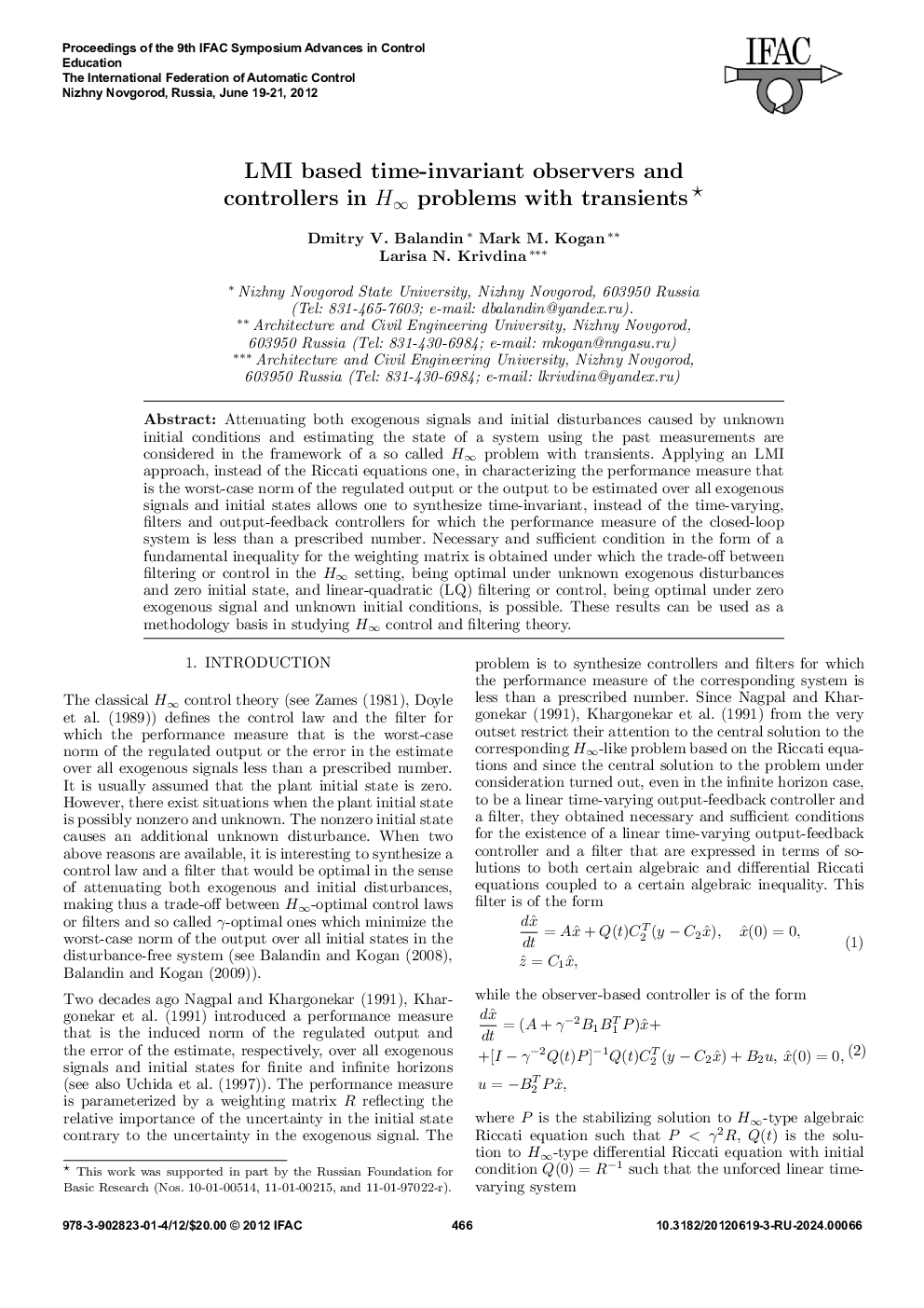 LMI based time-invariant observers and controllers in H∞ problems with transients*