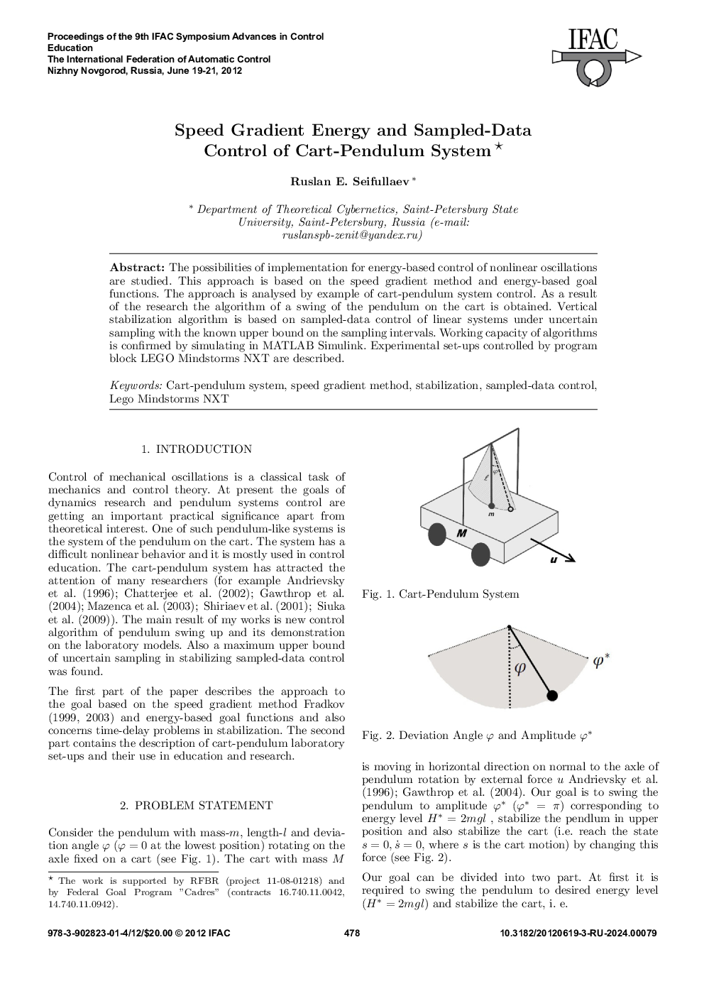 Speed Gradient Energy and Sampled-Data Control of Cart-Pendulum System*