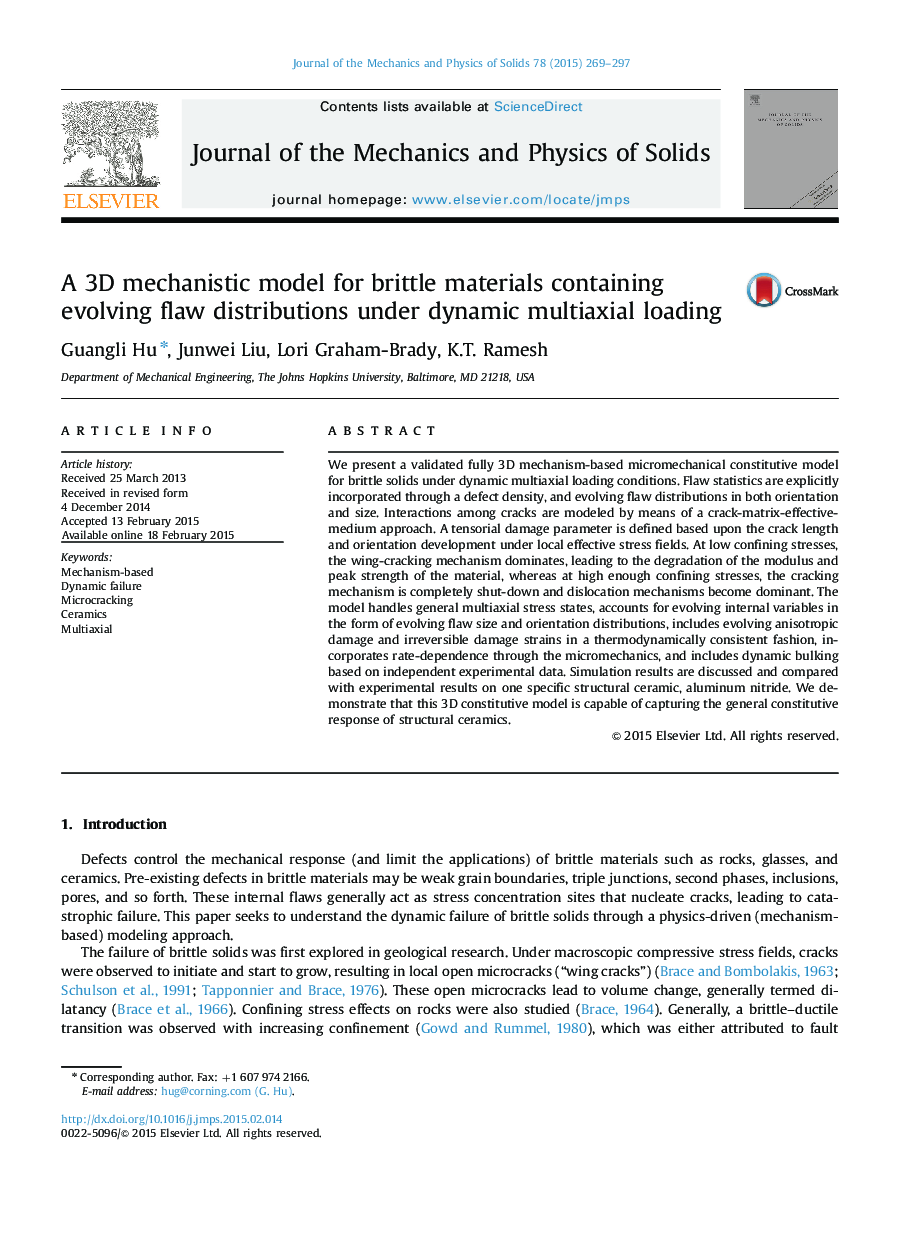 A 3D mechanistic model for brittle materials containing evolving flaw distributions under dynamic multiaxial loading