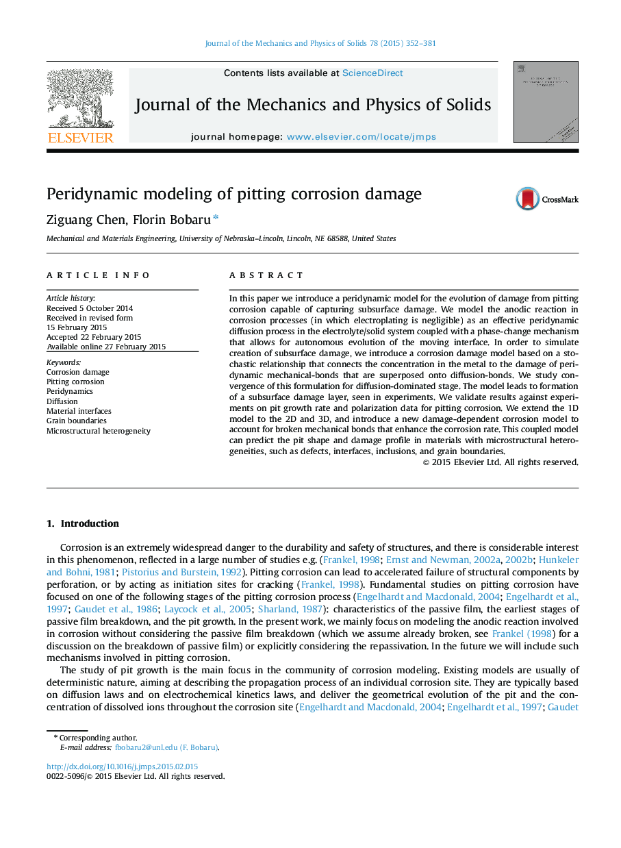 Peridynamic modeling of pitting corrosion damage